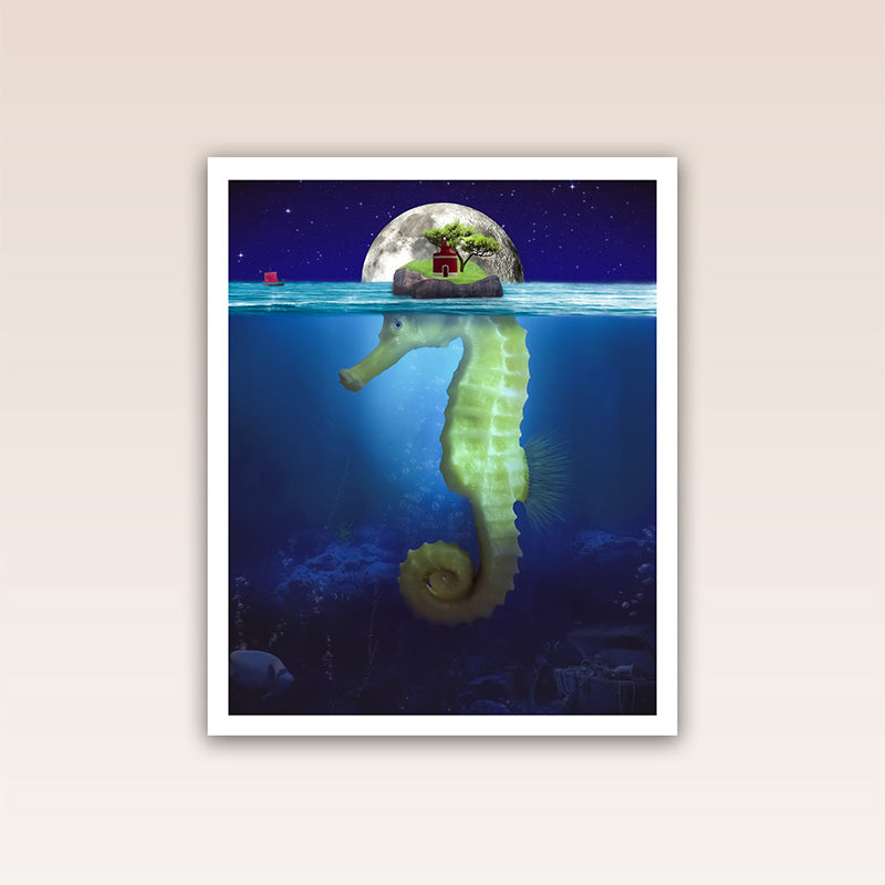 This enchanting poster print reveals the hidden depths of the ocean, showing a seemingly ordinary island that is actually part of a beautiful seahorse. It encourages viewers to dive beneath the surface and explore the unknown, where secrets and surprises are waiting to be discovered.