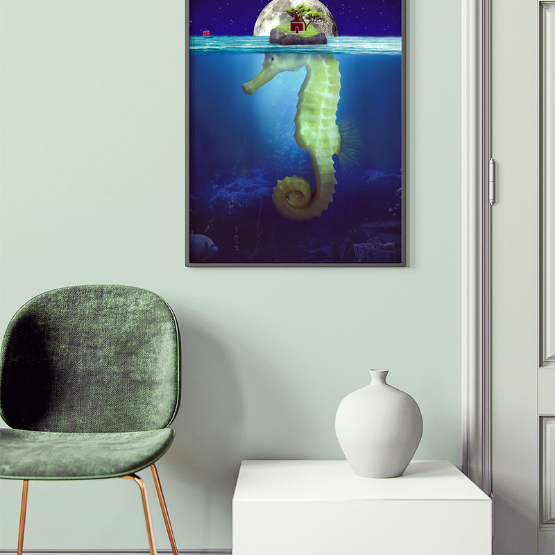 This enchanting poster print reveals the hidden depths of the ocean, showing a seemingly ordinary island that is actually part of a beautiful seahorse. It encourages viewers to dive beneath the surface and explore the unknown, where secrets and surprises are waiting to be discovered.