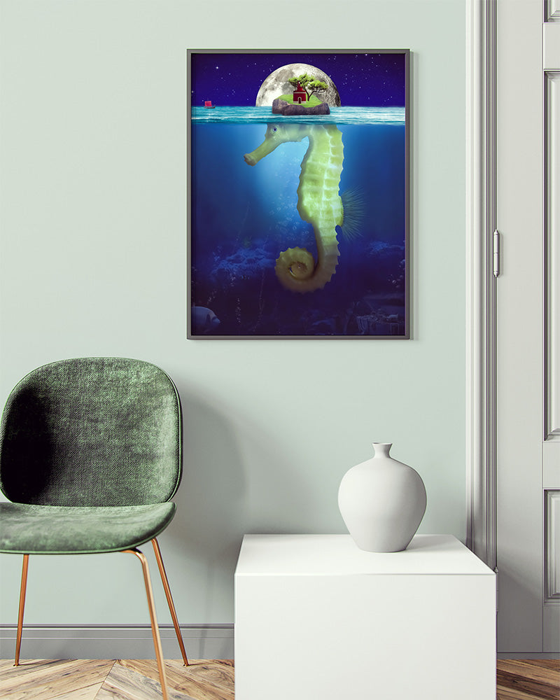 This enchanting poster print reveals the hidden depths of the ocean, showing a seemingly ordinary island that is actually part of a beautiful seahorse. It encourages viewers to dive beneath the surface and explore the unknown, where secrets and surprises are waiting to be discovered.