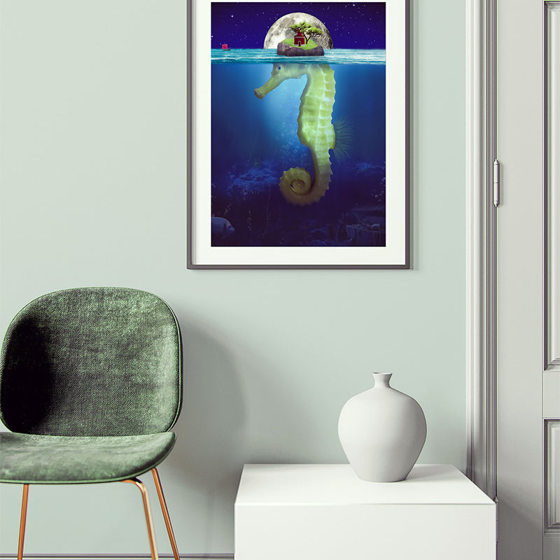 This enchanting poster print reveals the hidden depths of the ocean, showing a seemingly ordinary island that is actually part of a beautiful seahorse. It encourages viewers to dive beneath the surface and explore the unknown, where secrets and surprises are waiting to be discovered.