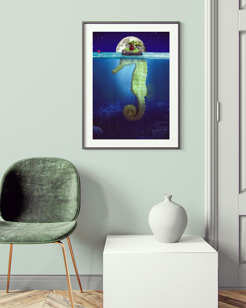 This enchanting poster print reveals the hidden depths of the ocean, showing a seemingly ordinary island that is actually part of a beautiful seahorse. It encourages viewers to dive beneath the surface and explore the unknown, where secrets and surprises are waiting to be discovered.