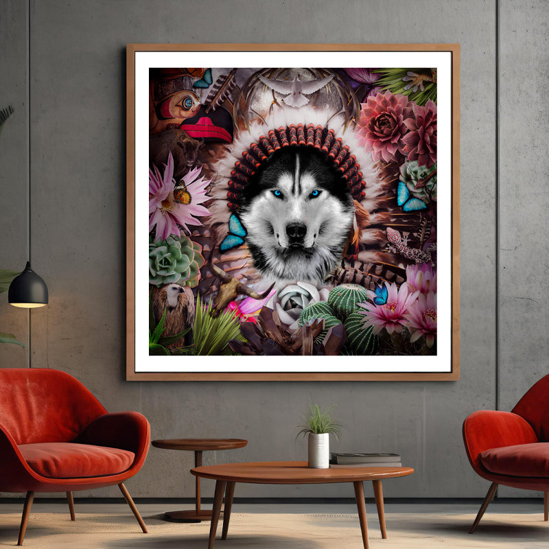 Elevate your space with this striking poster print, a potent emblem of wisdom, balance, and strength. At its heart stands a magnificent wolf, its piercing blue eyes seemingly delving into your very soul. The wolf's sagacious and untamed spirit imparts a profound lesson: the harmony of our community hinges on our personal fulfillment and contentment.