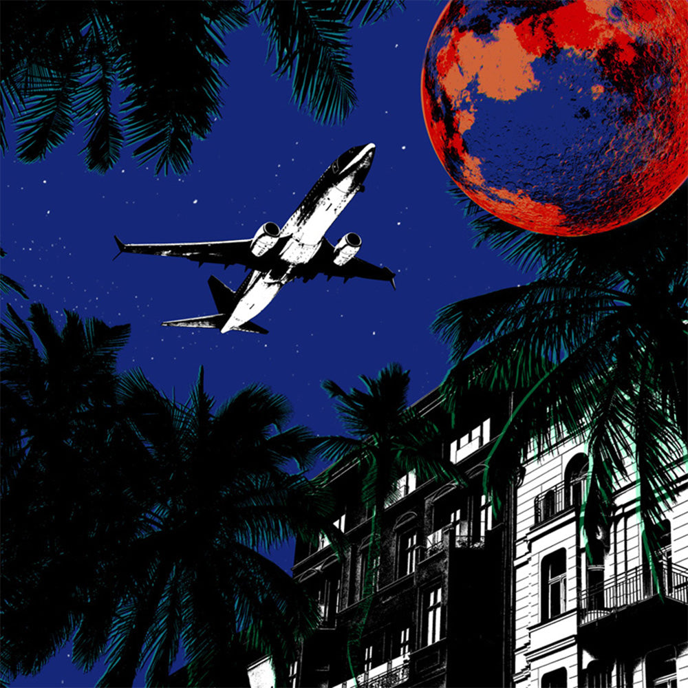 Presenting a captivating graphic design poster print showcasing a plane headed towards the moon at night, symbolizing the human need to escape the routine and noise of daily life. 