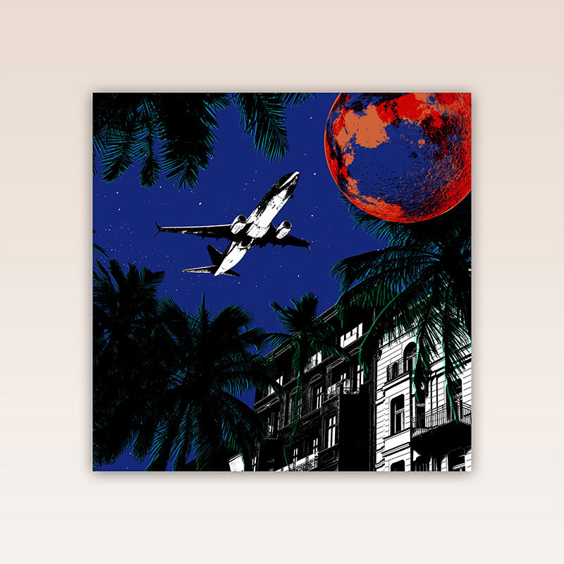 Presenting a captivating graphic design poster print showcasing a plane headed towards the moon at night, symbolizing the human need to escape the routine and noise of daily life. 