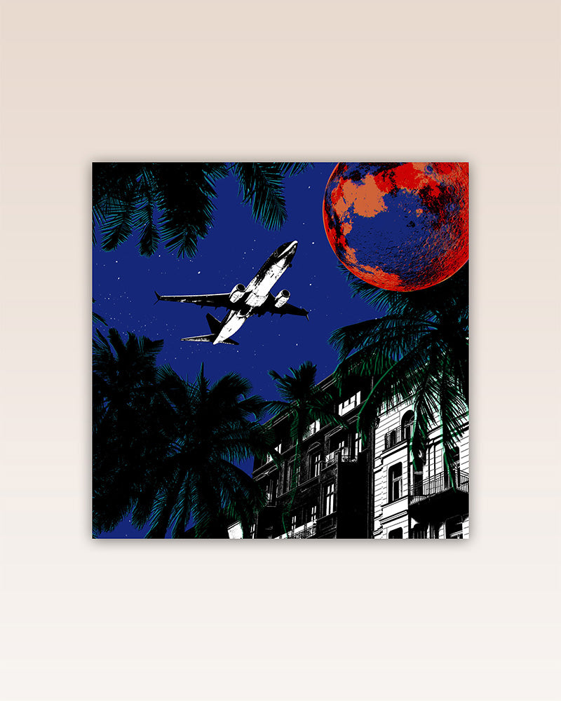 Presenting a captivating graphic design poster print showcasing a plane headed towards the moon at night, symbolizing the human need to escape the routine and noise of daily life. 