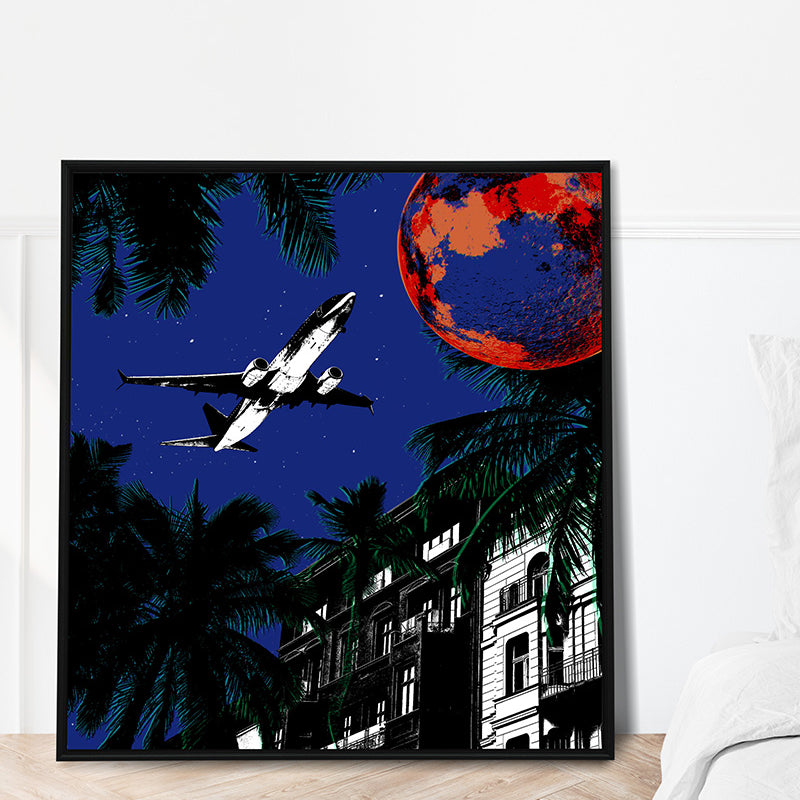 Presenting a captivating graphic design poster print showcasing a plane headed towards the moon at night, symbolizing the human need to escape the routine and noise of daily life. 