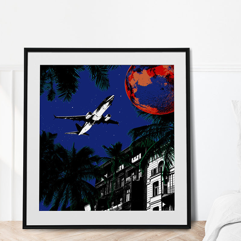 Presenting a captivating graphic design poster print showcasing a plane headed towards the moon at night, symbolizing the human need to escape the routine and noise of daily life. 