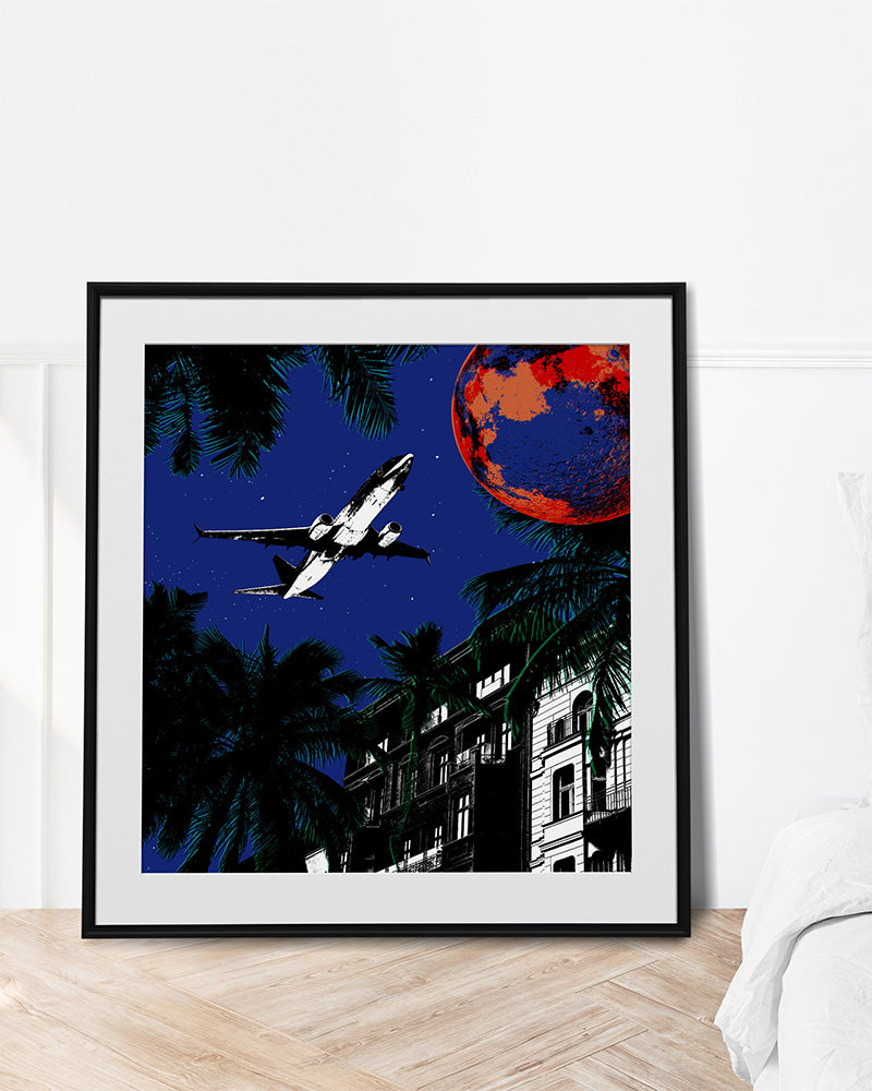 Presenting a captivating graphic design poster print showcasing a plane headed towards the moon at night, symbolizing the human need to escape the routine and noise of daily life. 